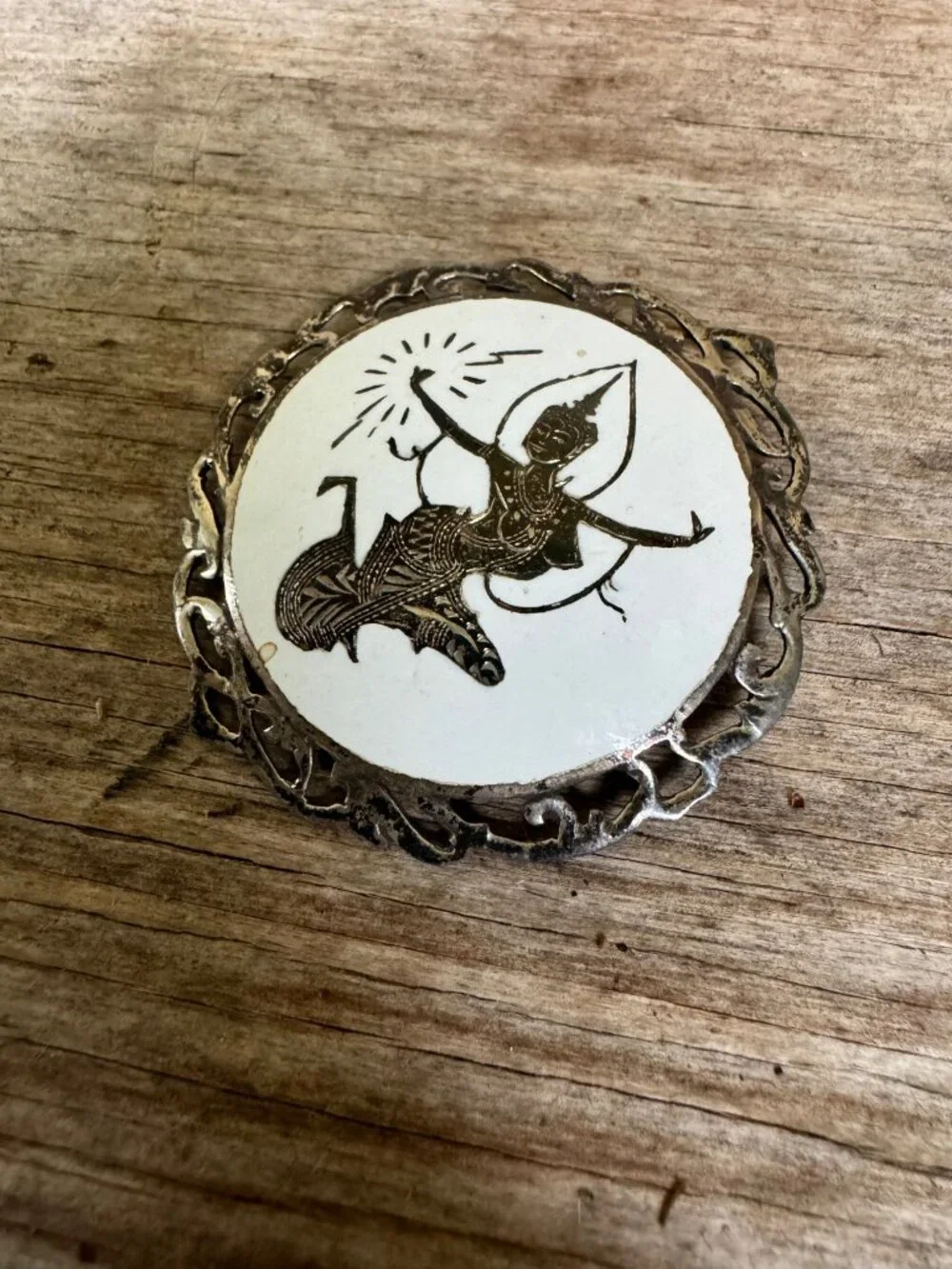 Siam Sterling Silver White Enamel Dancing Figure Brooch 1.75” Thailand